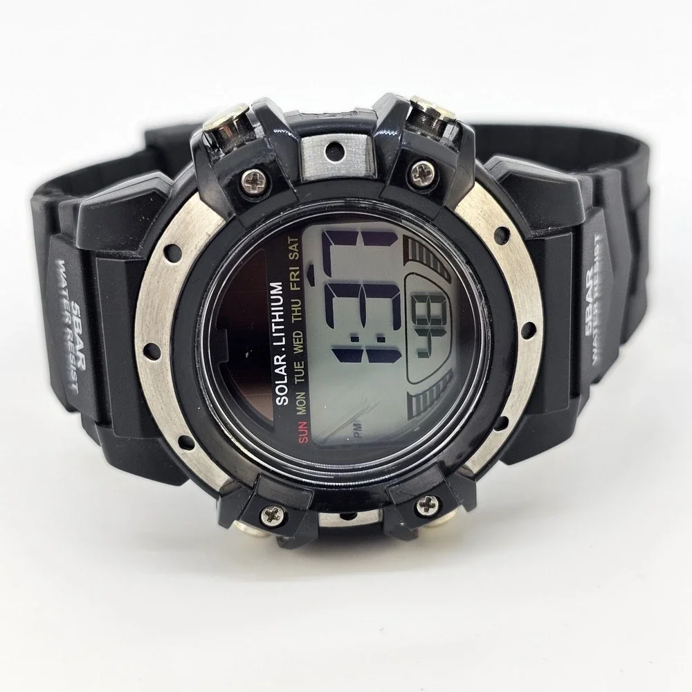 Men's Sports Digital‎ Watch 42MM Black Case Black Plastic Bands LED